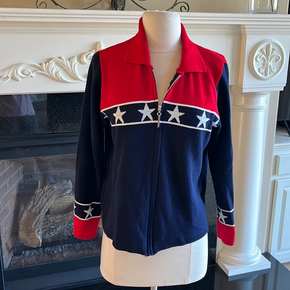 Vintage Jacket Prosperity Knit Wear Zip Red White Blue Women S Sweater Cardigan